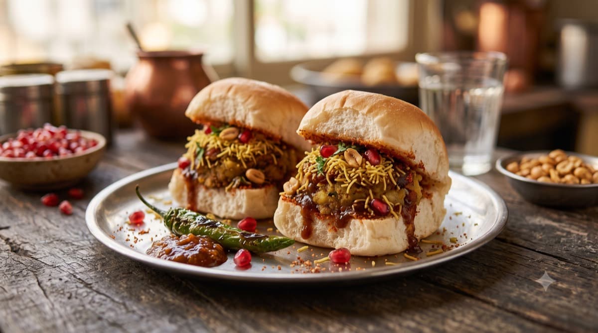 Kutchi dabeli topped with fine sev, pomegranate seeds and roasted peanuts on a steel plate