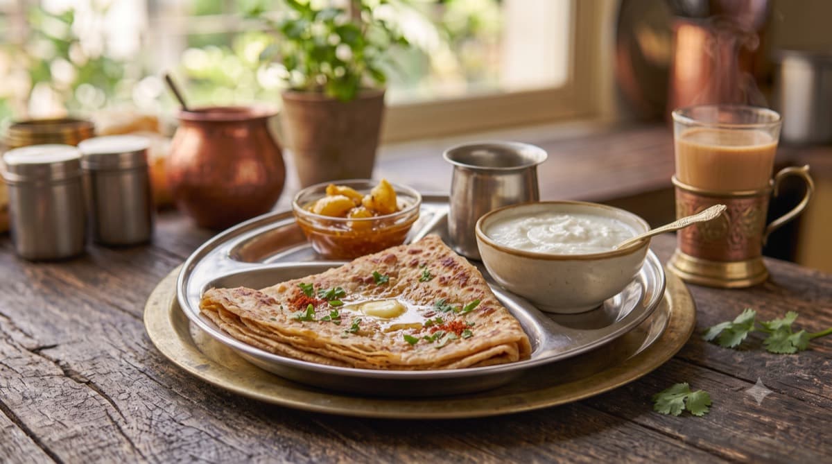 Flaky Rajasthani paratha served with sweet lemon pickle and a bowl of fresh curd