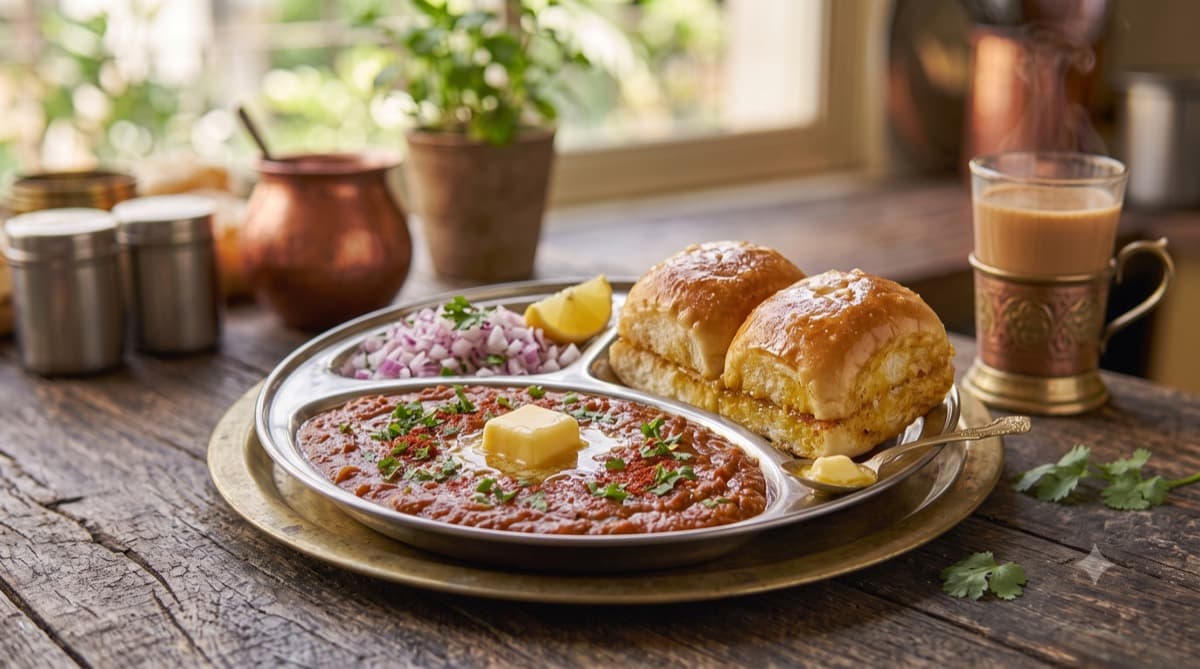Mumbai pav bhaji with melting butter, chopped onion, lemon and butter-toasted pav