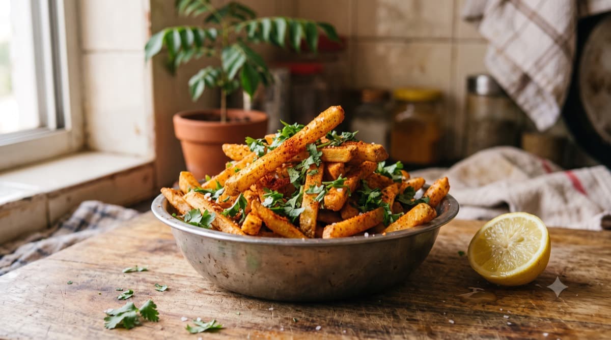 Crispy peri peri masala fries in a steel bowl with fresh coriander and a lemon half