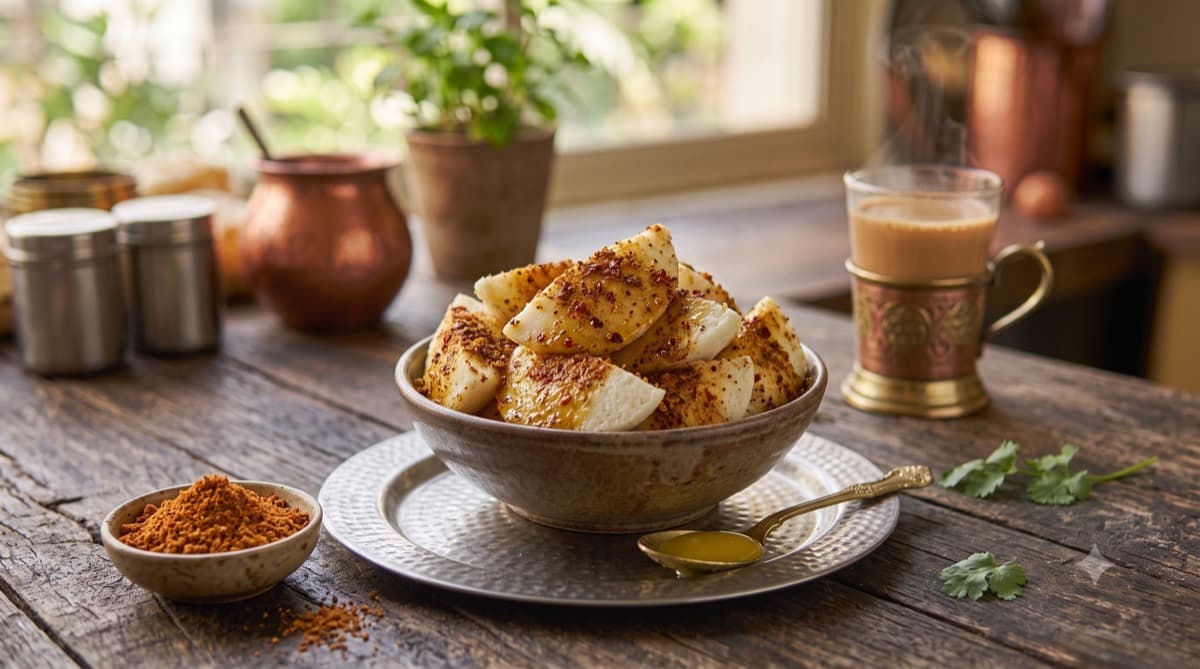 Idli wedges tossed in ghee and coated with coarse red-brown podi masala