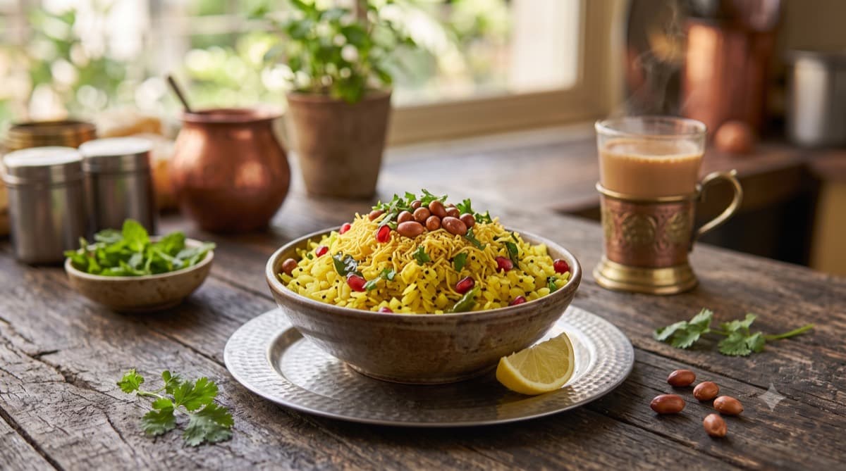 Bowl of yellow Indori poha topped with sev, peanuts and pomegranate, served with chai
