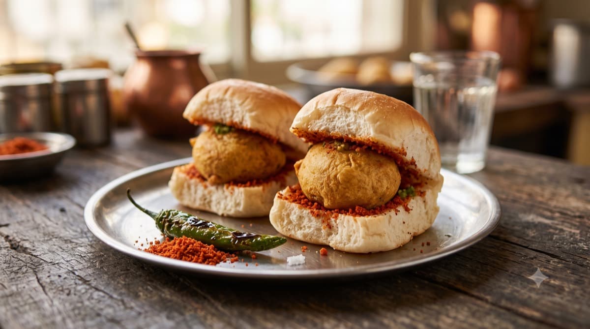 Two Mumbai vada pav on a steel plate with dry garlic chutney and a fried green chilli