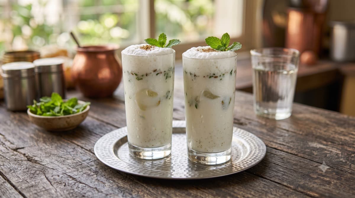 Two tall glasses of frothy masala chaas garnished with mint and roasted cumin